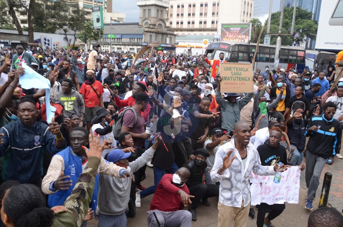 Demonstrators outside Nyayo House they chant in unison during finance bill demonstration in CBD on June 20, 2024 Image: DOUGLAS OKIDDY